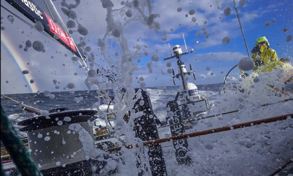 Leg 7 from Auckland to Itajai, day 14 on board Brunel. Temperature rises. Wind decreases. Rainbow. Peter Burling. 31 March, 2018.
