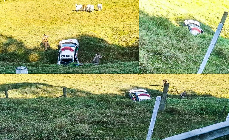 PM capota durante perseguição a veículo roubado. Carro foi encontrado em acampamento cigano.