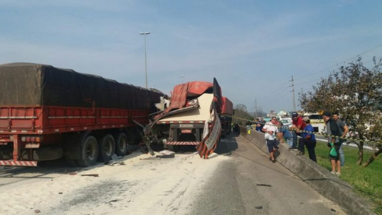Colisão entre duas carretas interdita trânsito na BR-101 em Balneário Camboriú
