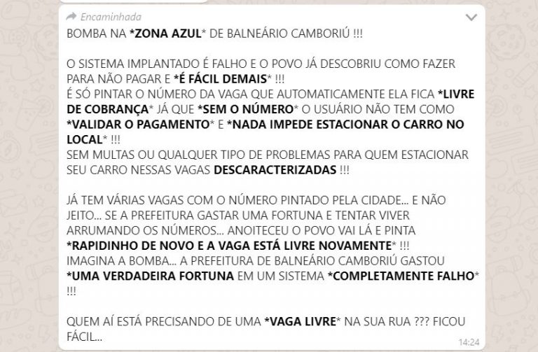 Corrente nas redes sociais incentiva crime vandalismo para burlar Zona Azul em BC