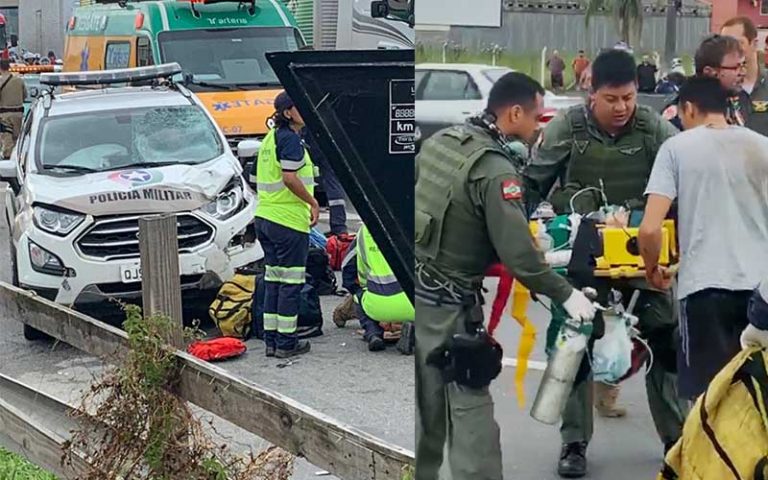 Moto com 3 ocupantes se envolve em acidente com viatura policial. Criança de um ano foi socorrida pelo Águia