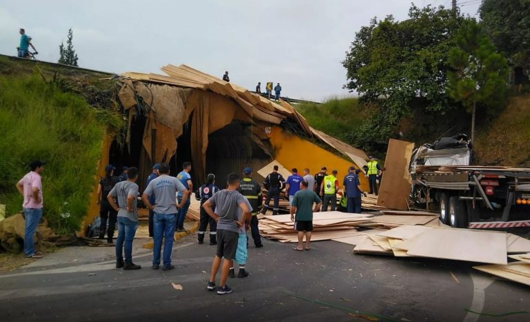 Caminhão cai de viaduto e dois pedestres morrem atingidos por carga de madeiras