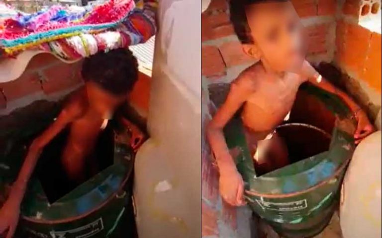 Criança de 11 anos era mantida acorrentada dentro de barril e chegou a se alimentar de fezes