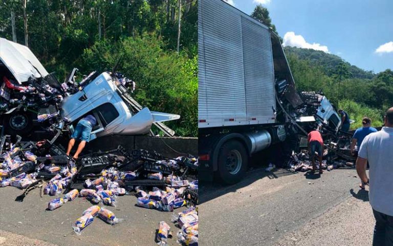 Acidente entre caminhões espalha carga de pão