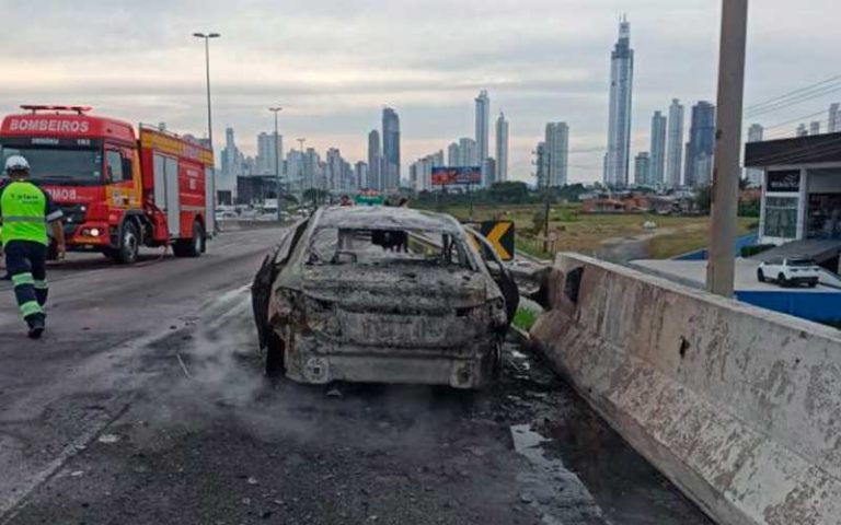 Carro é consumido pelas chamas na BR 101, em frente ao PA