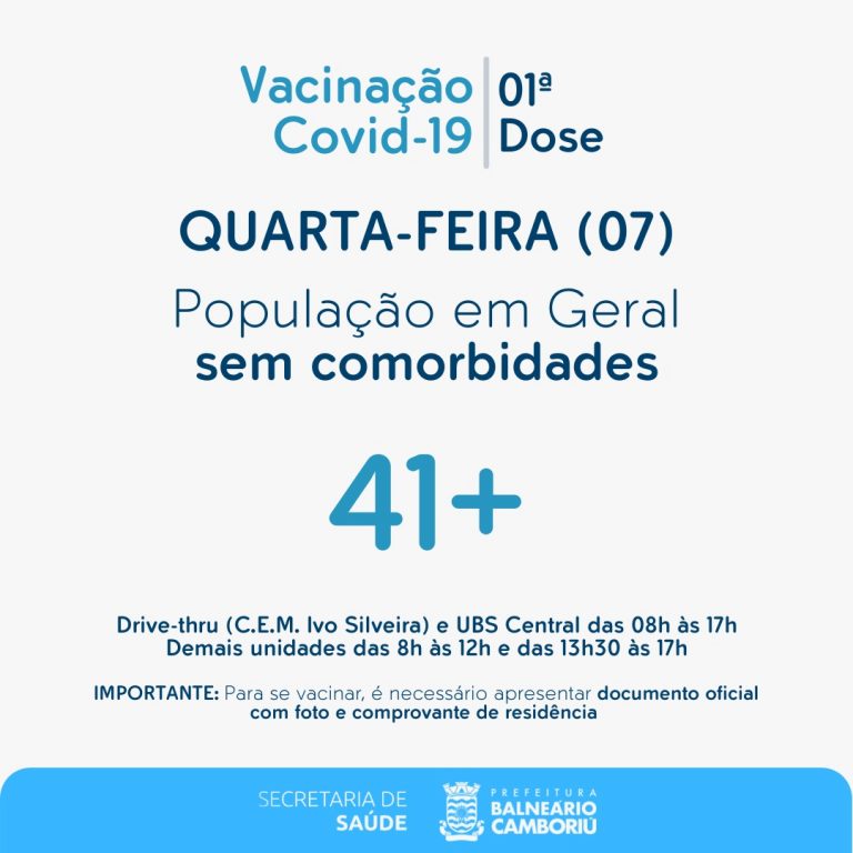 Vacinação contra Covid-19 amplia para pessoas com 41 anos