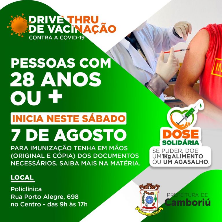 Camboriú vai vacinar 28+ a partir deste sábado, dia 7