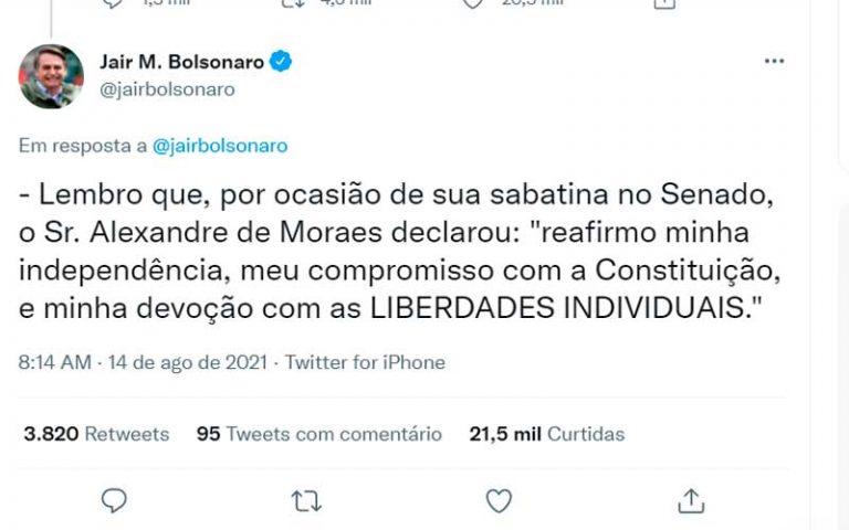 Presidente diz que pedirá que Senado instaure processo contra ministros do STF