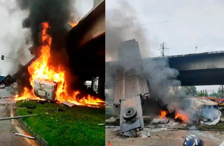 Caminhão despenca de viaduto, pega fogo e explode. Motorista saiu ileso