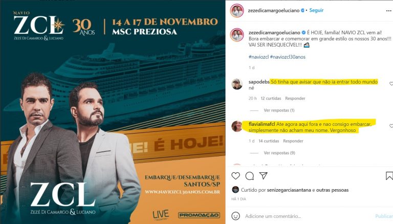 Confusão em cruzeiro de Zezé e Luciano pode ter cancelado vinda para Balneário Camboriú