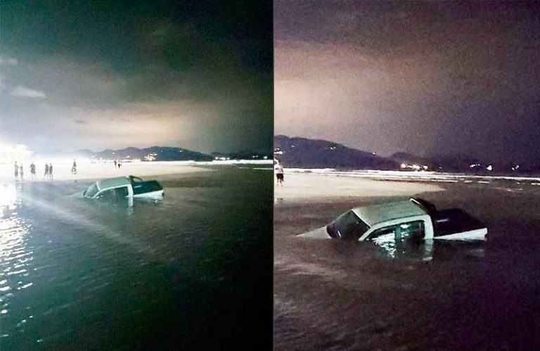 Motorista atola camionete ao tentar atravessar o Rio Pereque
