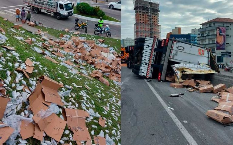 Carreta carregada de peixe tomba na BR-101, em Itapema
