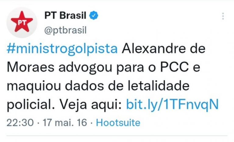 PT exclui post que chamava Moraes de “Golpista” e “advogado do PCC”