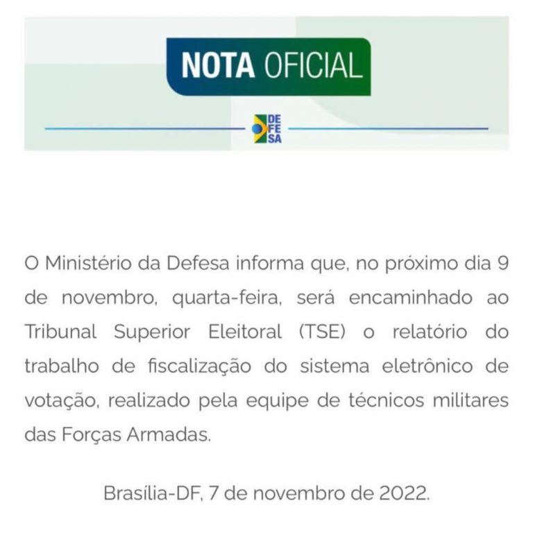 Defesa apresentará relatório sobre eleições ao TSE na quarta-feira (09)