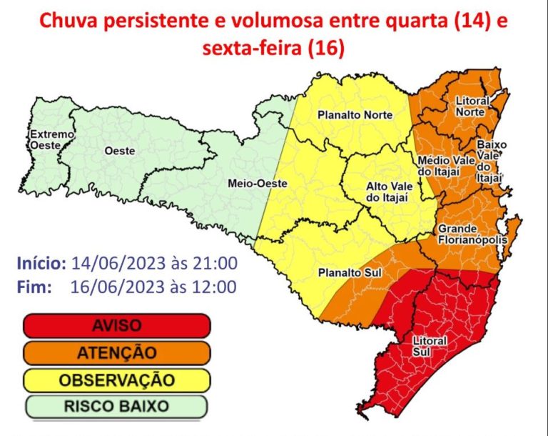 Santa Catarina tem alerta de chuva, vento e alagamentos até o fim de semana