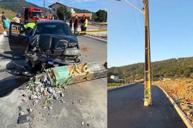 Motorista bate em poste que estava no meio da rua em Camboriú
