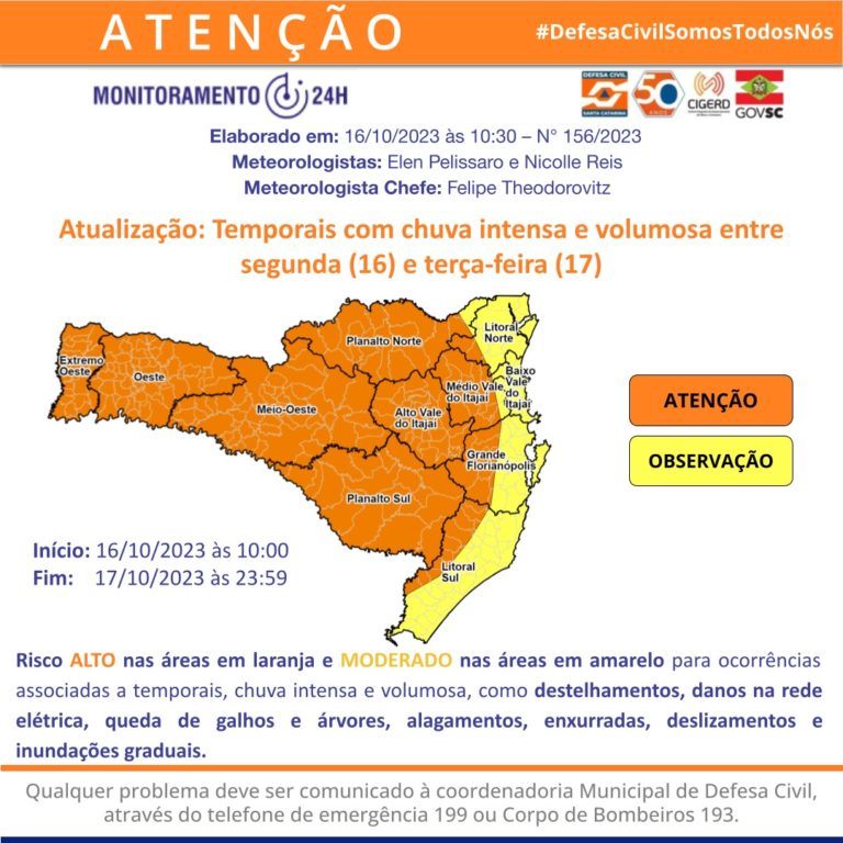 Defesa Civil alerta para temporais e chuva entre segunda e terça-feira (17)