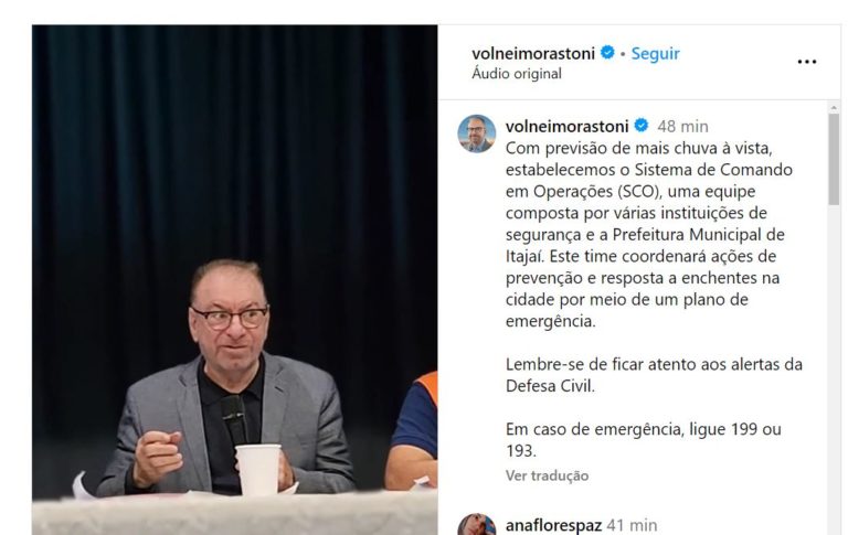 Prefeito de Itajaí grava comunicado. Cidade está em alerta para possíveis cheias