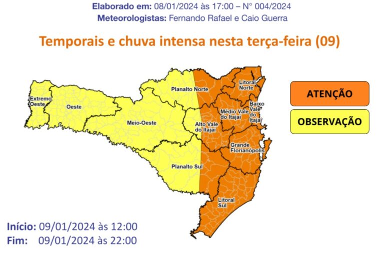 Defesa Civil alerta para temporais amanha (09) no litoral de SC