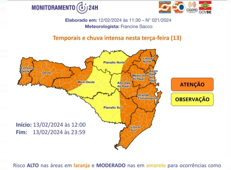 Após onda de calor, Defesa Civil alerta para temporais nesta terça-feira (13)