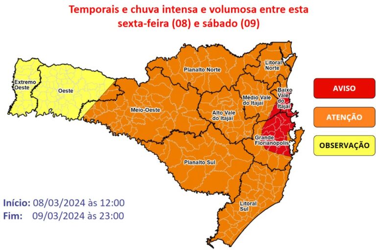 Defesa Civil alerta pra temporais e chuva intensa entre esta sexta-feira e sábado (09)