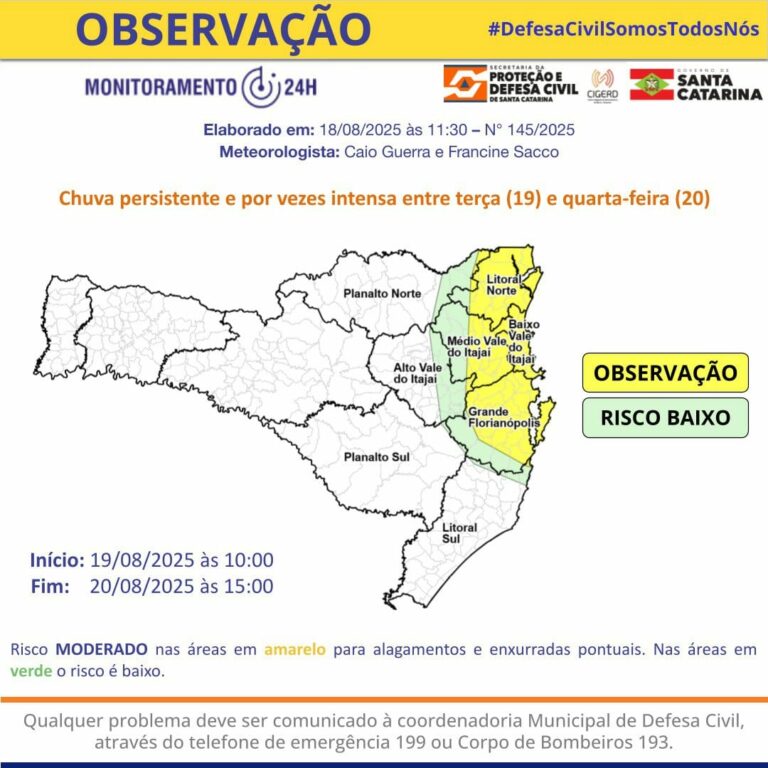 Previsão indica chuva persistente para a região a partir desta terça-feira