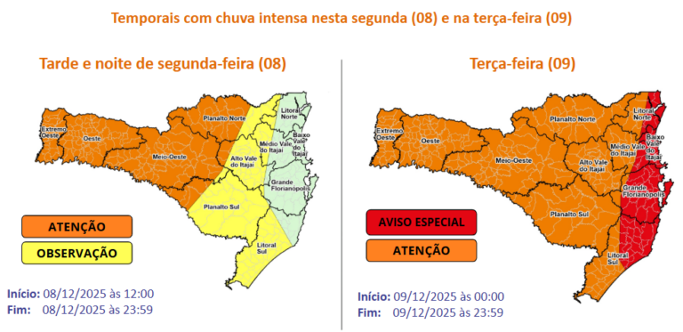 DEFESA CIVIL ALERTA: Temporais com chuva intensa nesta segunda (08) e na terça-feira (09)