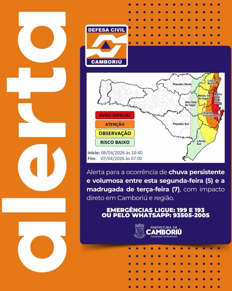 Defesa Civil emite alerta de chuva intensa em Camboriú e região