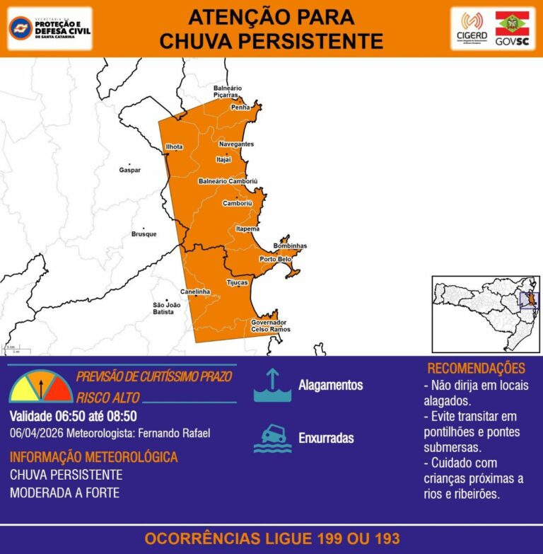 Defesa Civil alerta para chuva persistente nesta segunda-feira