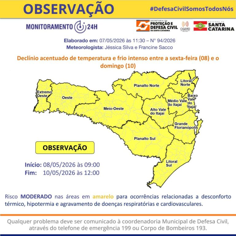 Defesa Civil alerta para declínio acentuado de temperatura e frio intenso