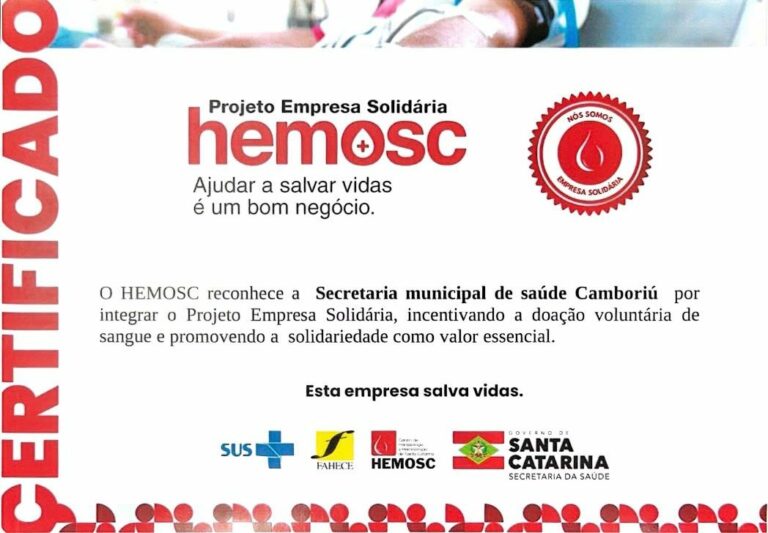 HEMOSC reconhece Secretaria de Saúde de Camboriú por incentivo à doação de sangue