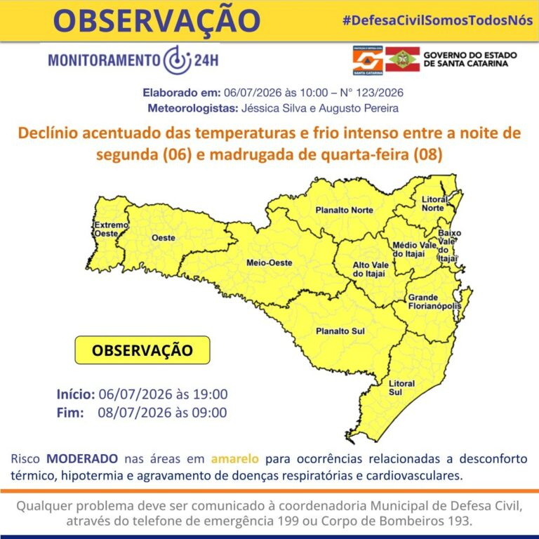 Frio intenso chega a partir da noite desta segunda-feira, alerta Defesa Civil