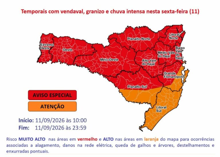 Defesa Civil alerta para chuva intensa, granizo e vendaval em BC nesta sexta-feira