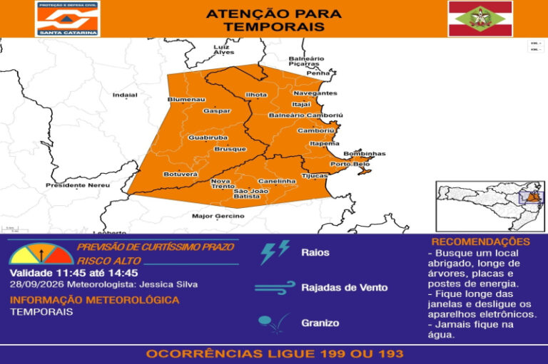 Defesa Civil alerta para risco de temporais em Balneário Camboriú nesta segunda-feira